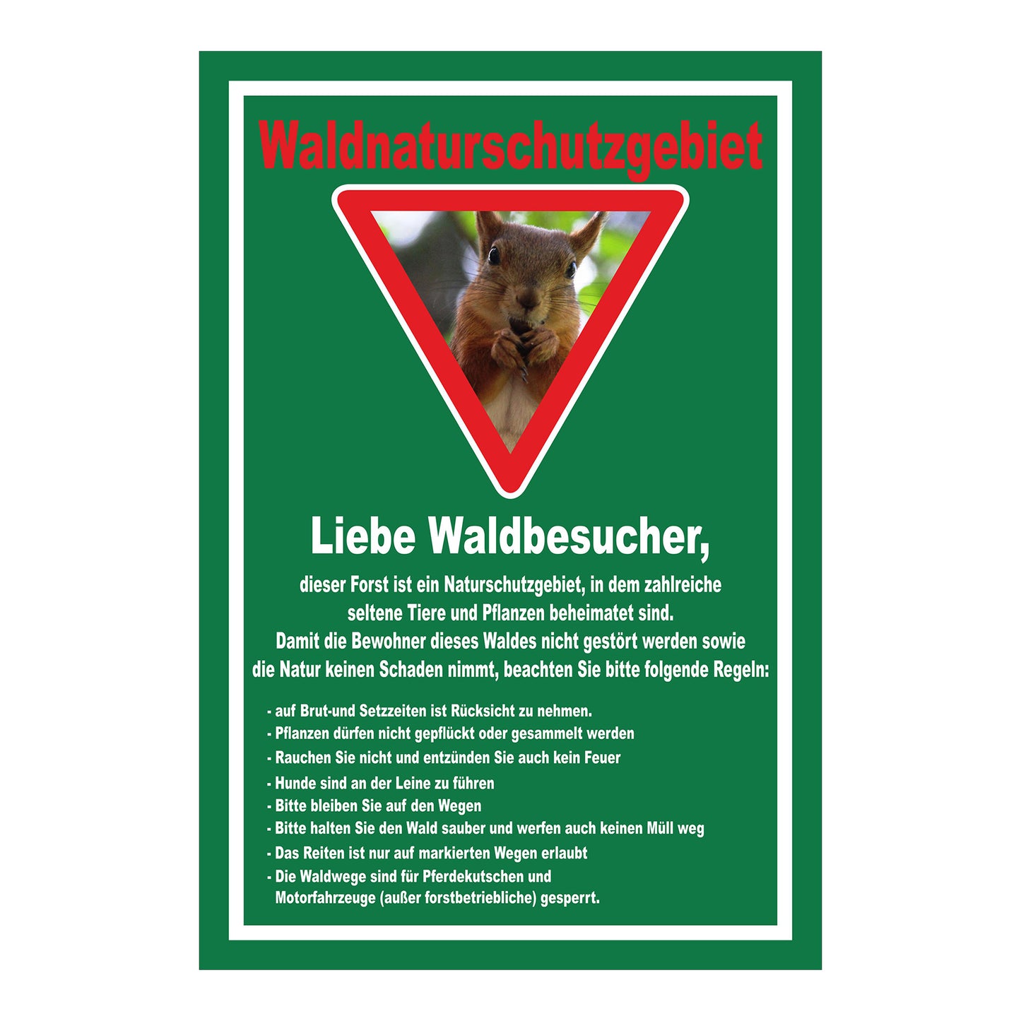 Schild Waldnaturschutzgebiet „Liebe Waldbesucher“ grüner Hintergrund mit weißem Rahmen und Eichhörnchenmotiv