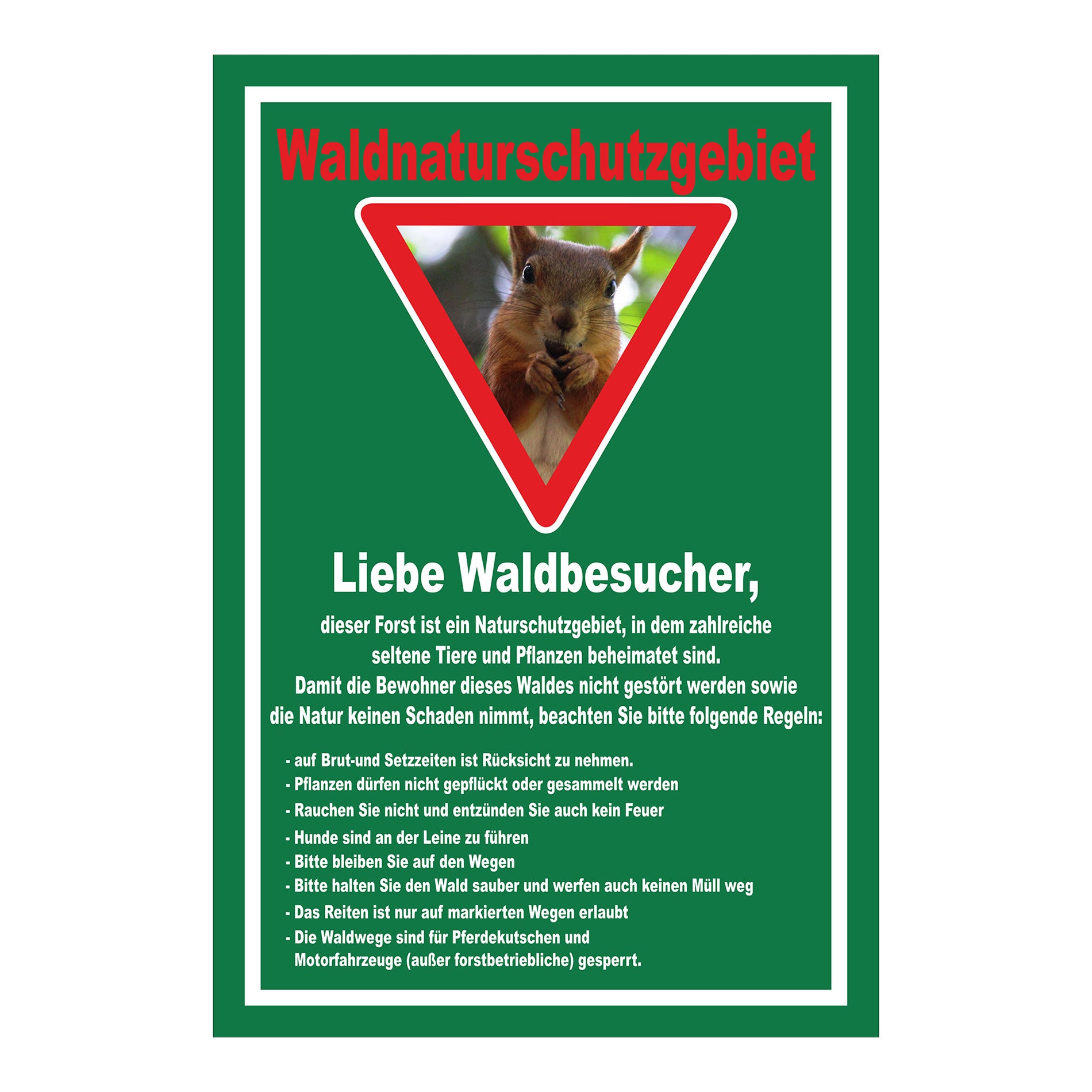Schild Waldnaturschutzgebiet „Liebe Waldbesucher“ grüner Hintergrund mit weißem Rahmen und Eichhörnchenmotiv