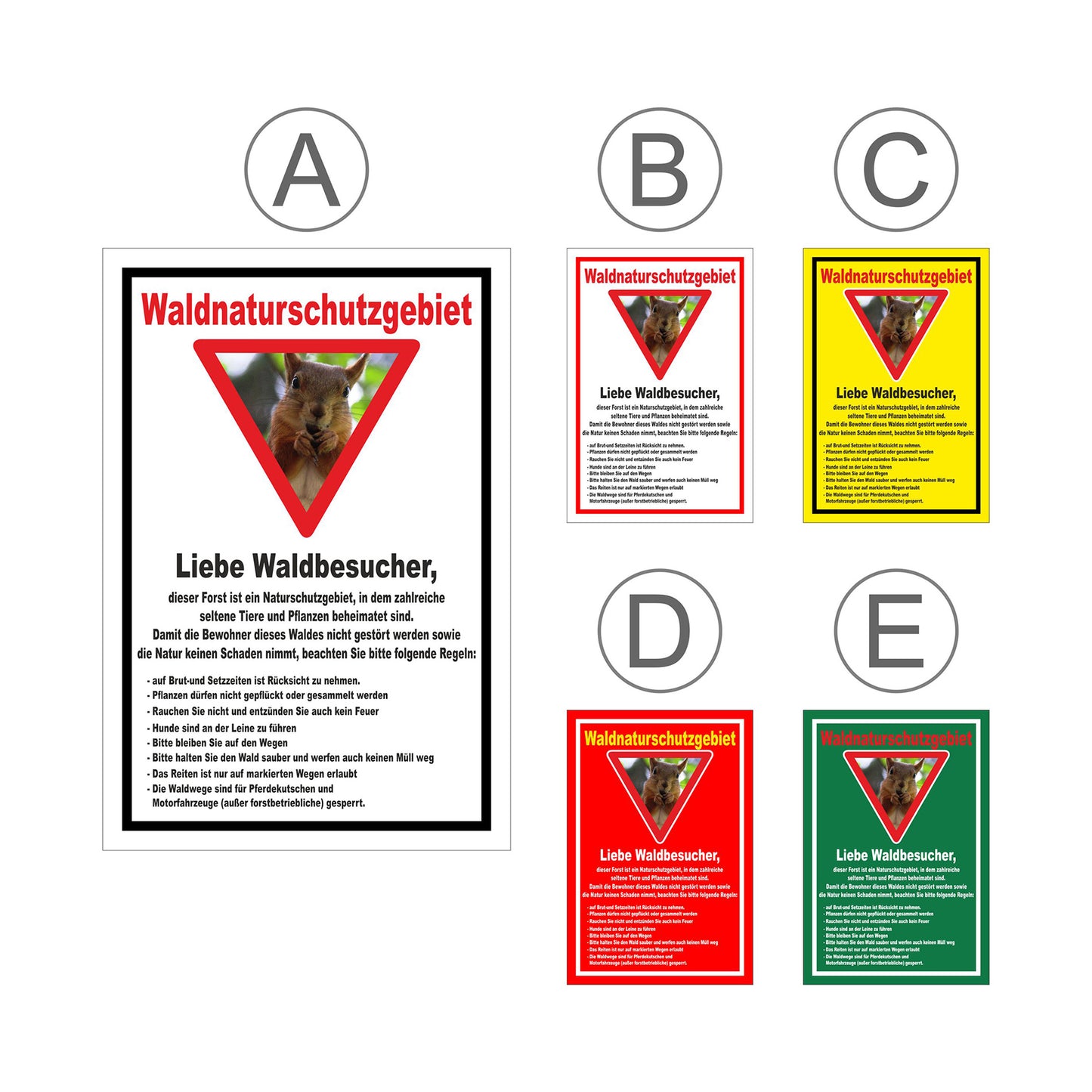 Übersichtsbild Schild Waldnaturschutzgebiet „Liebe Waldbesucher“ mit allen verfügbaren Farbvarianten