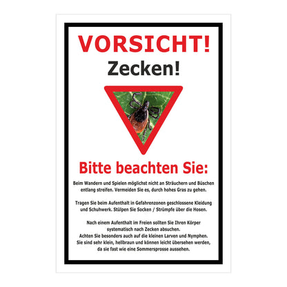 Schild Vorsicht Zecken mit Verhaltenhinweisen ‚VORSICHT! Zecken!‘ in Weiß mit schwarzem Rahmen
