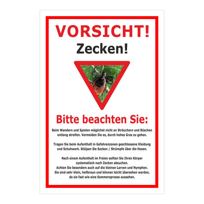 Schild Vorsicht Zecken mit Verhaltenhinweisen ‚VORSICHT! Zecken!‘ in Weiß mit rotem Rahmen