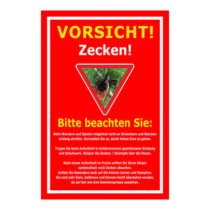 Schild Vorsicht Zecken mit Verhaltenhinweisen ‚VORSICHT! Zecken!‘ in Rot mit weißem Rahmen