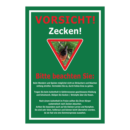 Schild Vorsicht Zecken mit Verhaltenhinweisen ‚VORSICHT! Zecken!‘ in Grün mit weißem Rahmen