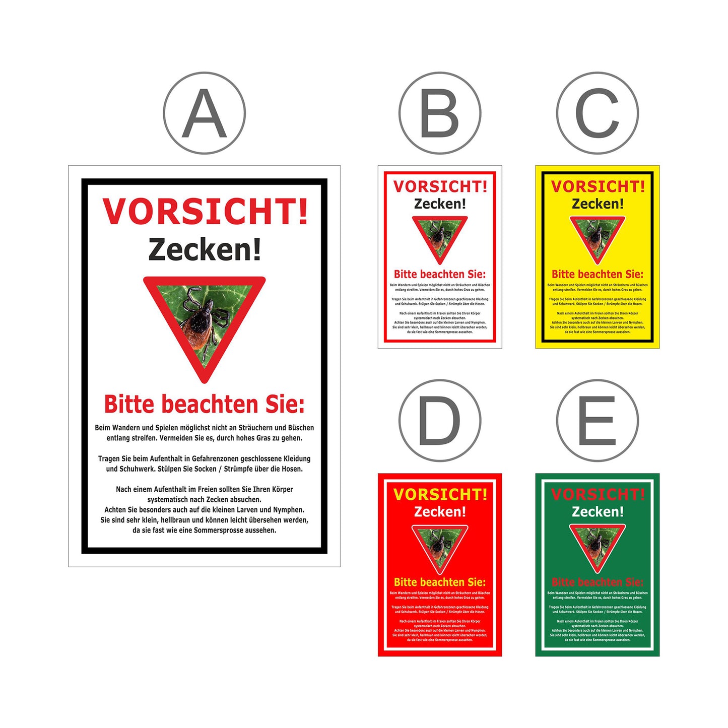 Übersichtsbild Schild Vorsicht Zecken mit Verhaltenhinweisen ‚VORSICHT! Zecken!‘ mit allen verfügbaren Farbvarianten