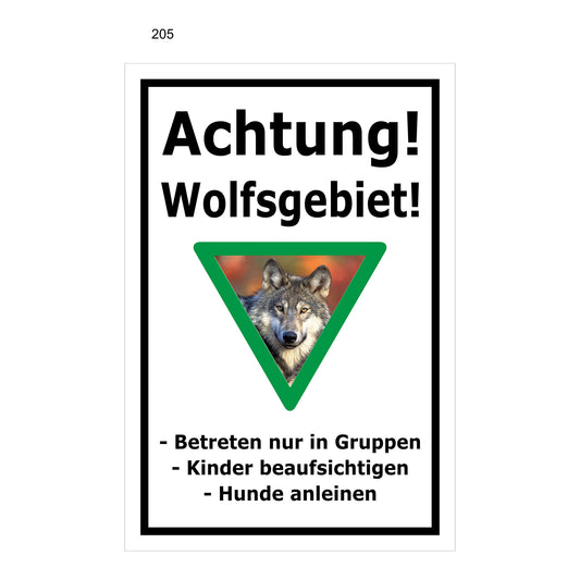 Schild Achtung Wolfsgebiet mit Verhaltenshinweisen „Achtung! Wolfsgebiet!“ in Weiß mit schwarzem Rand
