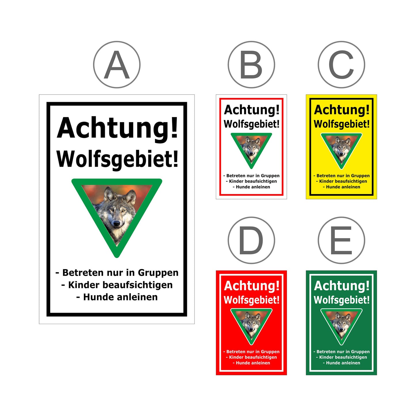 Übersichtsbild Schild Achtung Wolfsgebiet mit Verhaltenshinweisen „Achtung! Wolfsgebiet!“ mit allen Farbvarianten