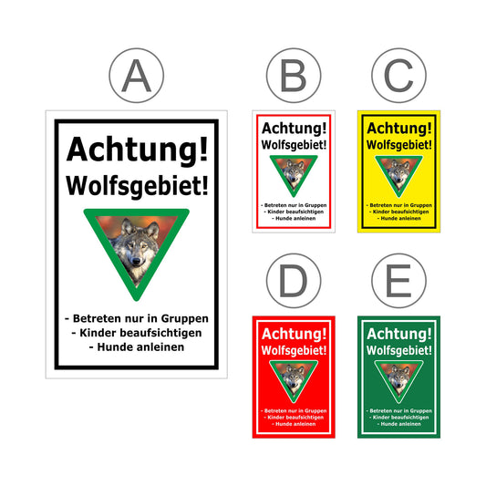 Übersichtsbild Schild Achtung Wolfsgebiet mit Verhaltenshinweisen „Achtung! Wolfsgebiet!“ mit allen Farbvarianten