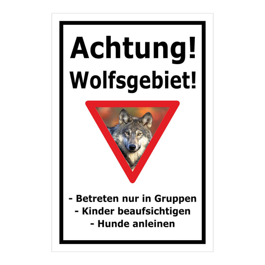 Schild Achtung Wolfsgebiet mit Verhaltenhinweisen weißer Hintergrund schwarzer Rahmen Warnsymbol Wolf im Dreieck
