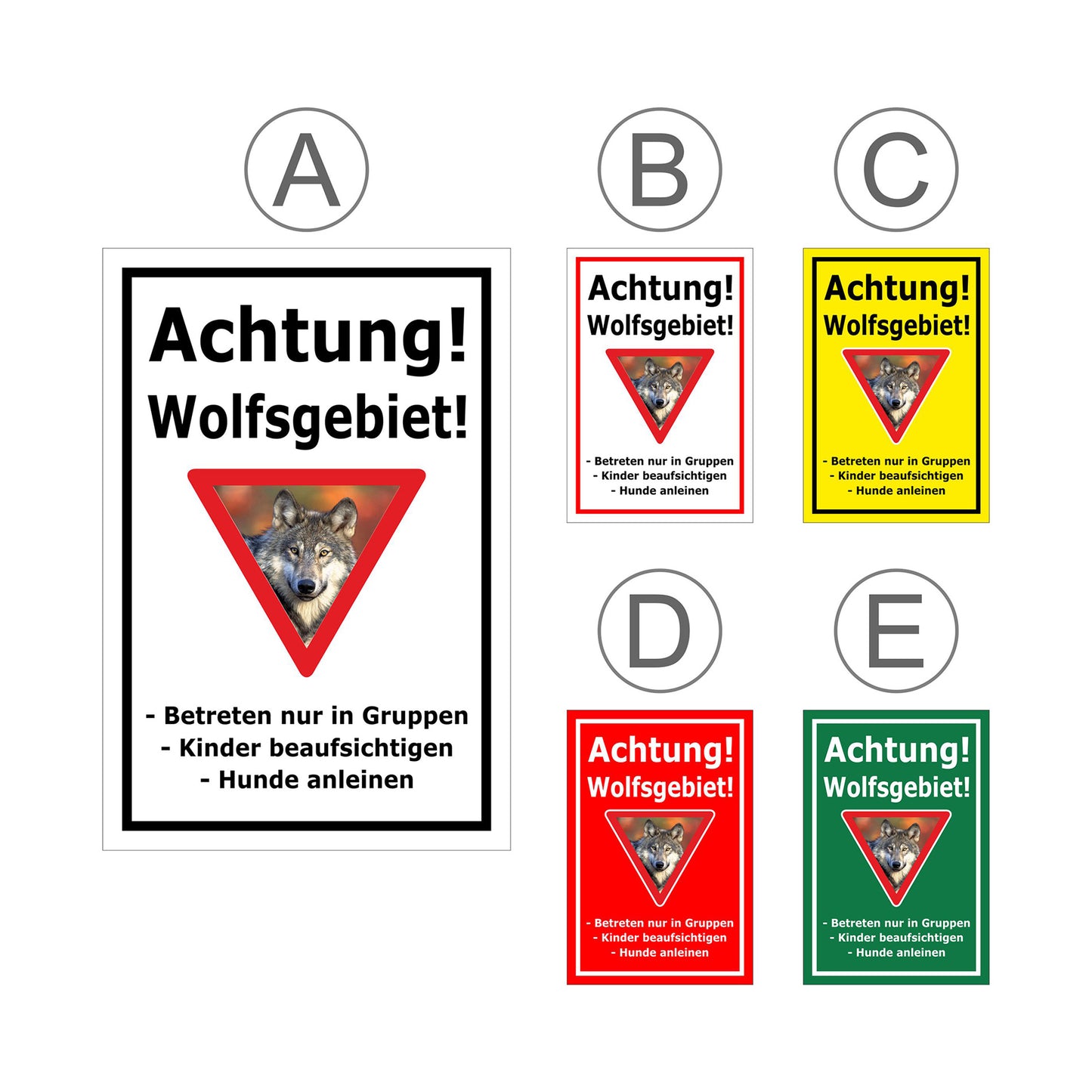 Übersichtsbild Schild Achtung Wolfsgebiet mit Verhaltenhinweisen mit allen verfügbaren Farbvarianten