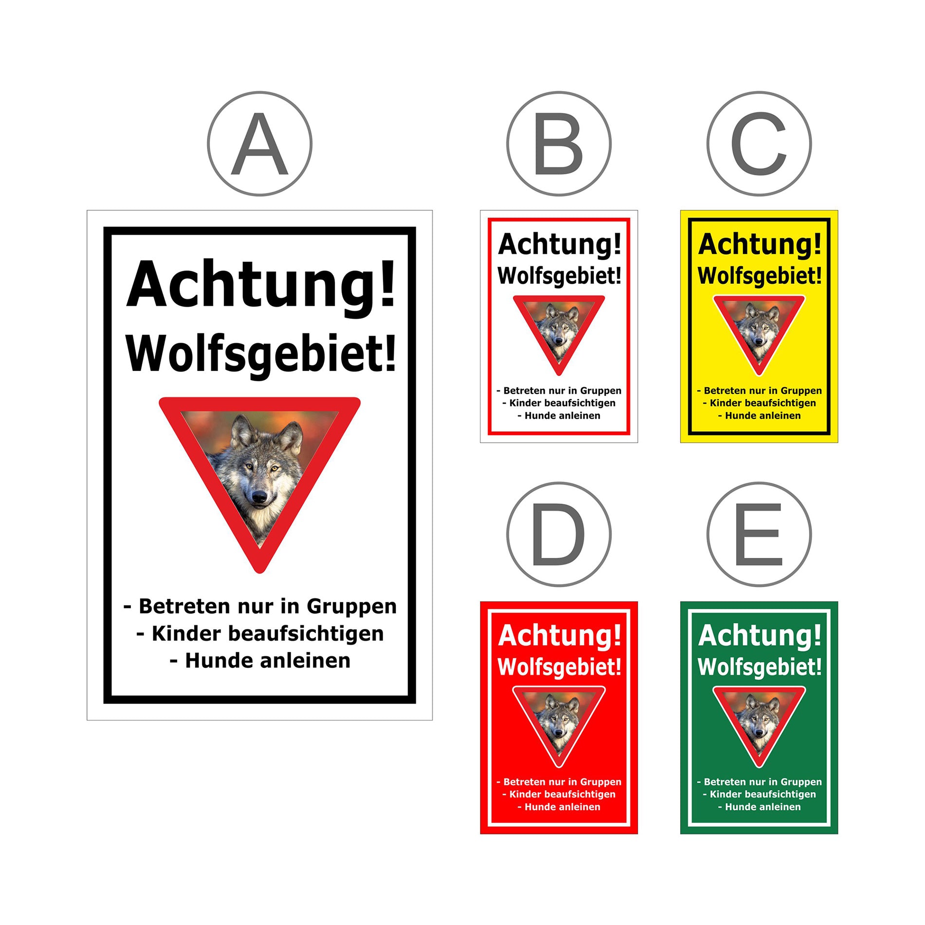 Übersichtsbild Schild Achtung Wolfsgebiet mit Verhaltenhinweisen mit allen verfügbaren Farbvarianten