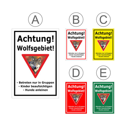Übersichtsbild Schild Achtung Wolfsgebiet mit Verhaltenhinweisen mit allen verfügbaren Farbvarianten