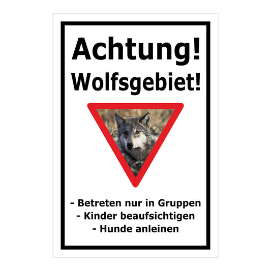Schild Achtung Wolfsgebiet mit Verhaltenshinweisen „Achtung! Wolfsgebiet!“ in Weiß mit schwarzem Rand