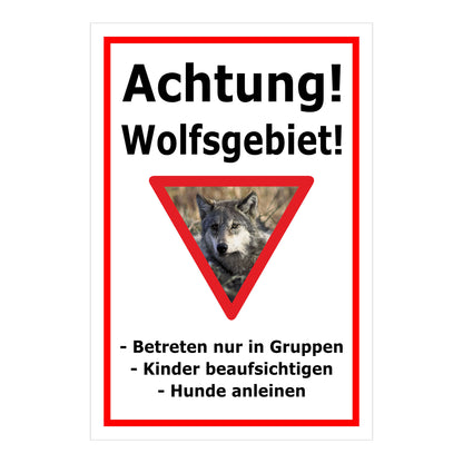 Schild Achtung Wolfsgebiet mit Verhaltenshinweisen „Achtung! Wolfsgebiet!“ in Weiß mit rotem Rand