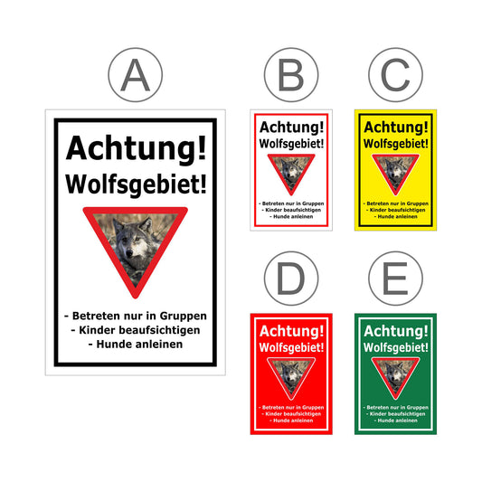 Übersichtsbild Schild Achtung Wolfsgebiet mit Verhaltenshinweisen „Achtung! Wolfsgebiet!“ mit allen Farbvarianten