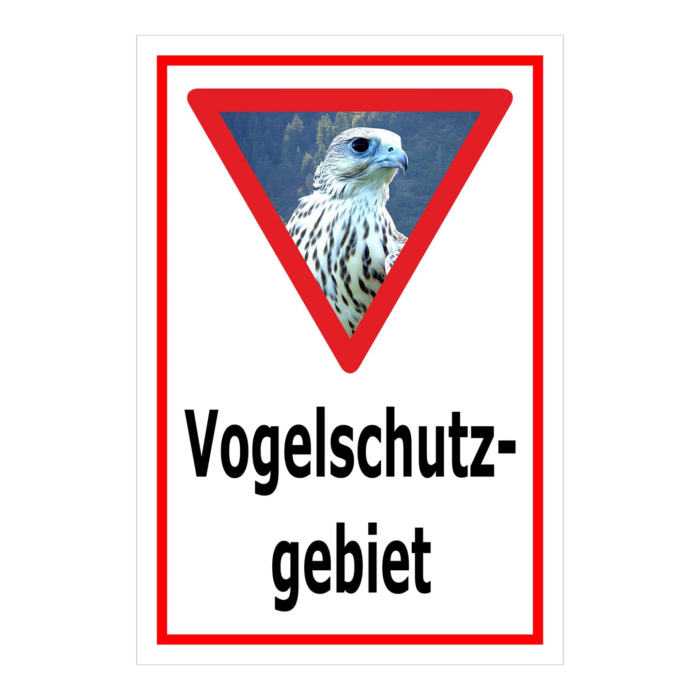 Schild Vogelschutzgebiet Hinweis mit Greifvogelmotiv „Vogelschutz- gebiet“ in Weiß mit rotem Rahmen