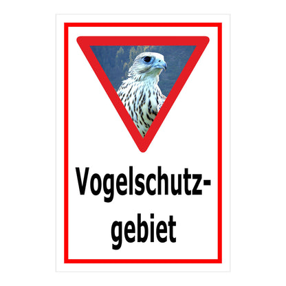 Schild Vogelschutzgebiet Hinweis mit Greifvogelmotiv „Vogelschutz- gebiet“ in Weiß mit rotem Rahmen