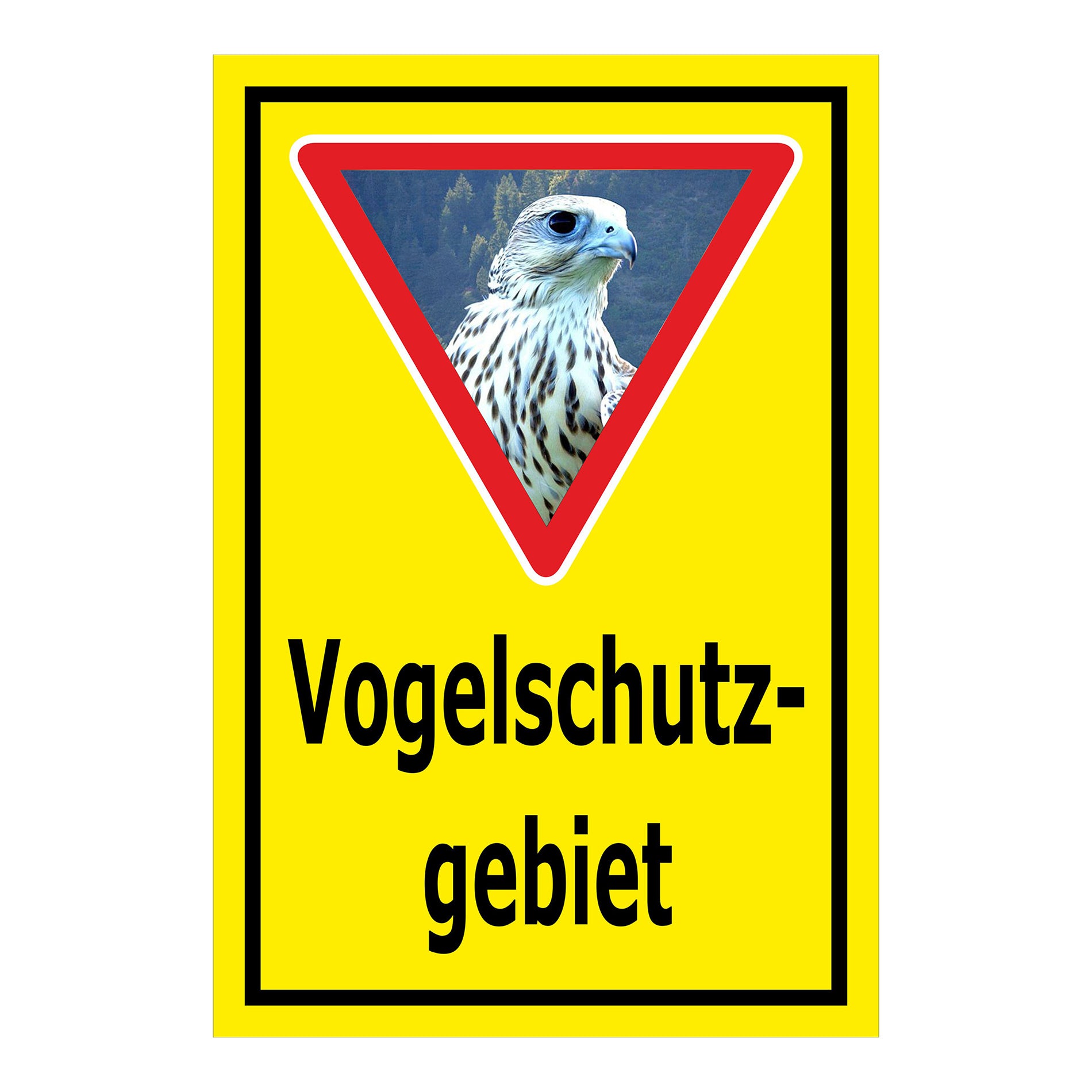 Schild Vogelschutzgebiet Hinweis mit Greifvogelmotiv „Vogelschutz- gebiet“ in Gelb mit schwarzem Rahmen