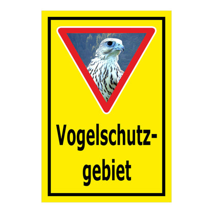 Schild Vogelschutzgebiet Hinweis mit Greifvogelmotiv „Vogelschutz- gebiet“ in Gelb mit schwarzem Rahmen