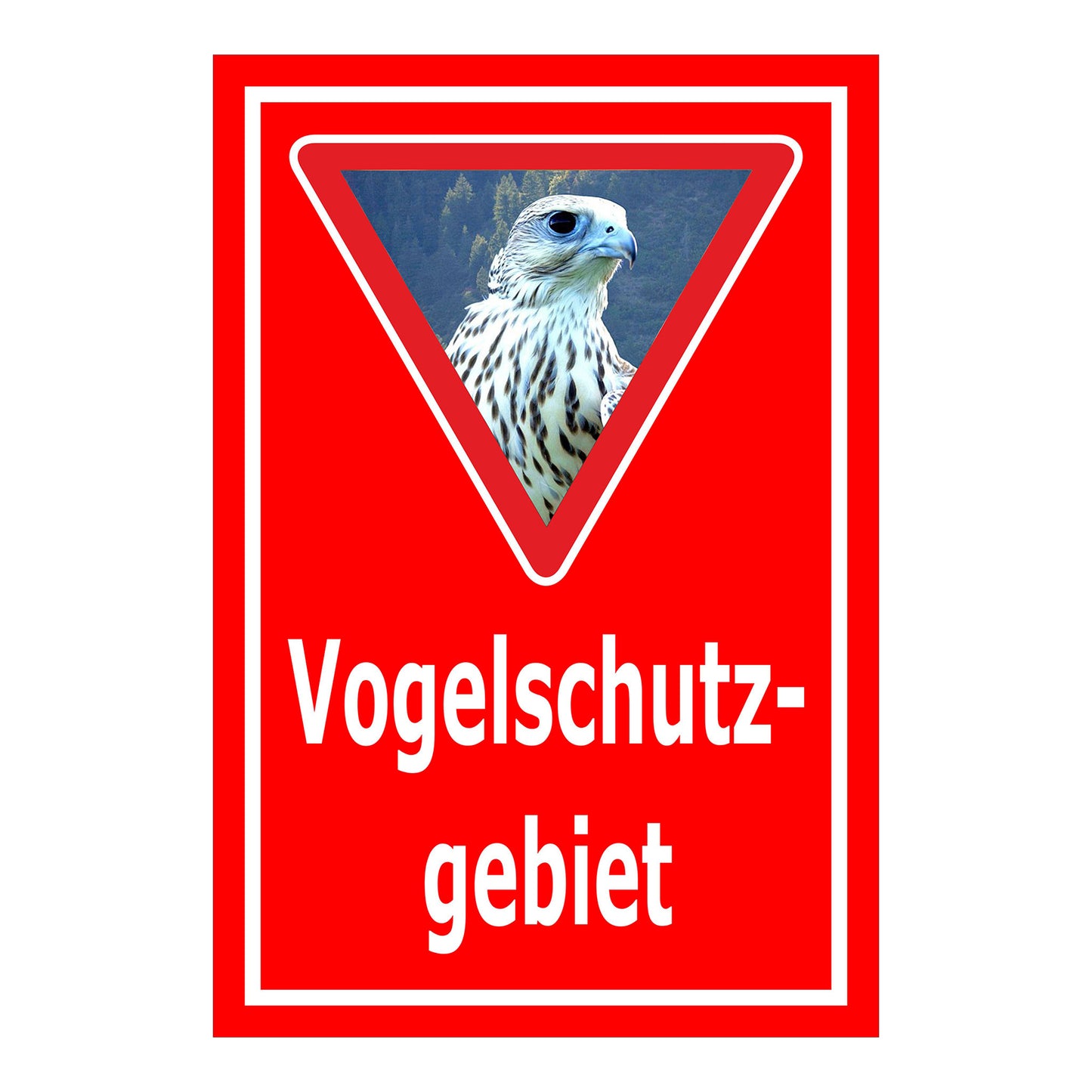 Schild Vogelschutzgebiet Hinweis mit Greifvogelmotiv „Vogelschutz- gebiet“ in Rot mit weißer Schrift