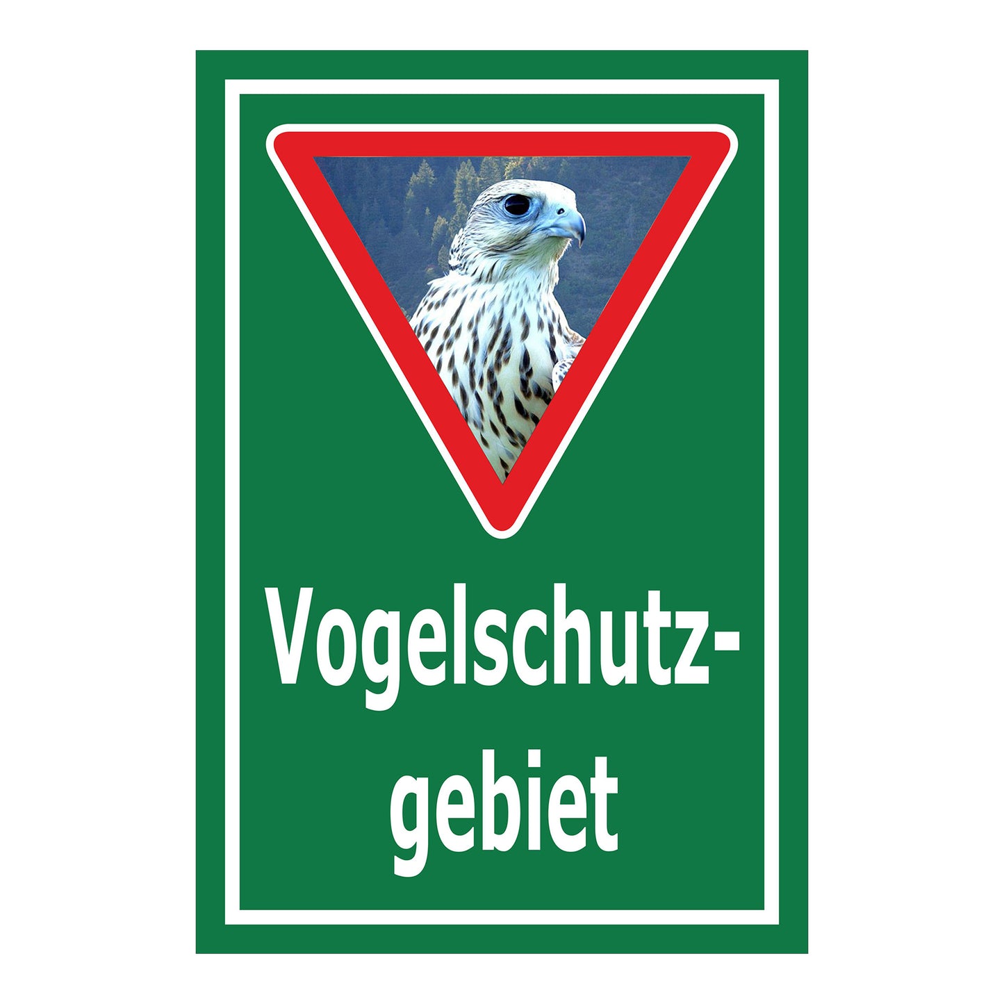 Schild Vogelschutzgebiet Hinweis mit Greifvogelmotiv „Vogelschutz- gebiet“ in Grün mit weißer Schrift