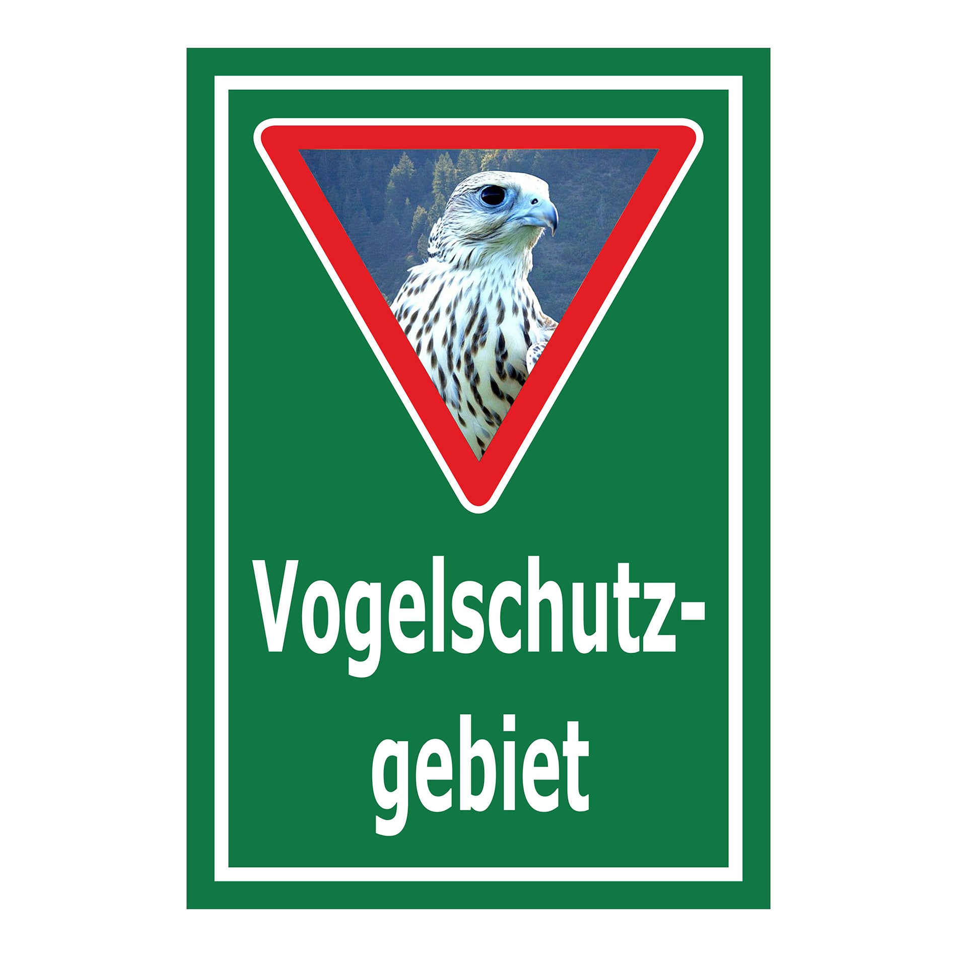 Schild Vogelschutzgebiet Hinweis mit Greifvogelmotiv „Vogelschutz- gebiet“ in Grün mit weißer Schrift