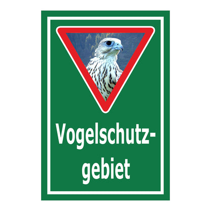Schild Vogelschutzgebiet Hinweis mit Greifvogelmotiv „Vogelschutz- gebiet“ in Grün mit weißer Schrift