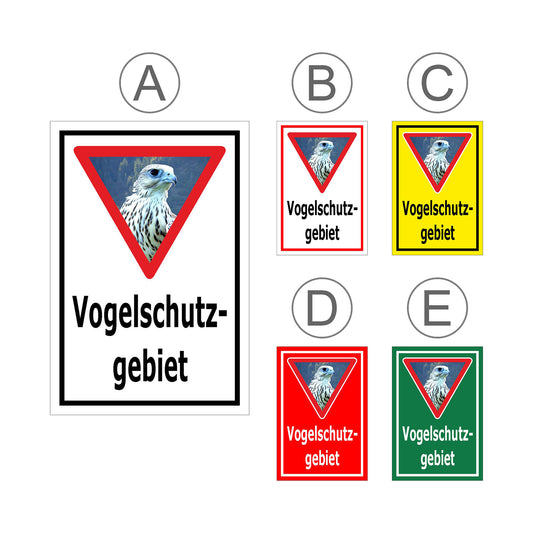 Übersichtsbild Schild Vogelschutzgebiet Hinweis mit Greifvogelmotiv „Vogelschutz- gebiet“ mit allen Farbvarianten