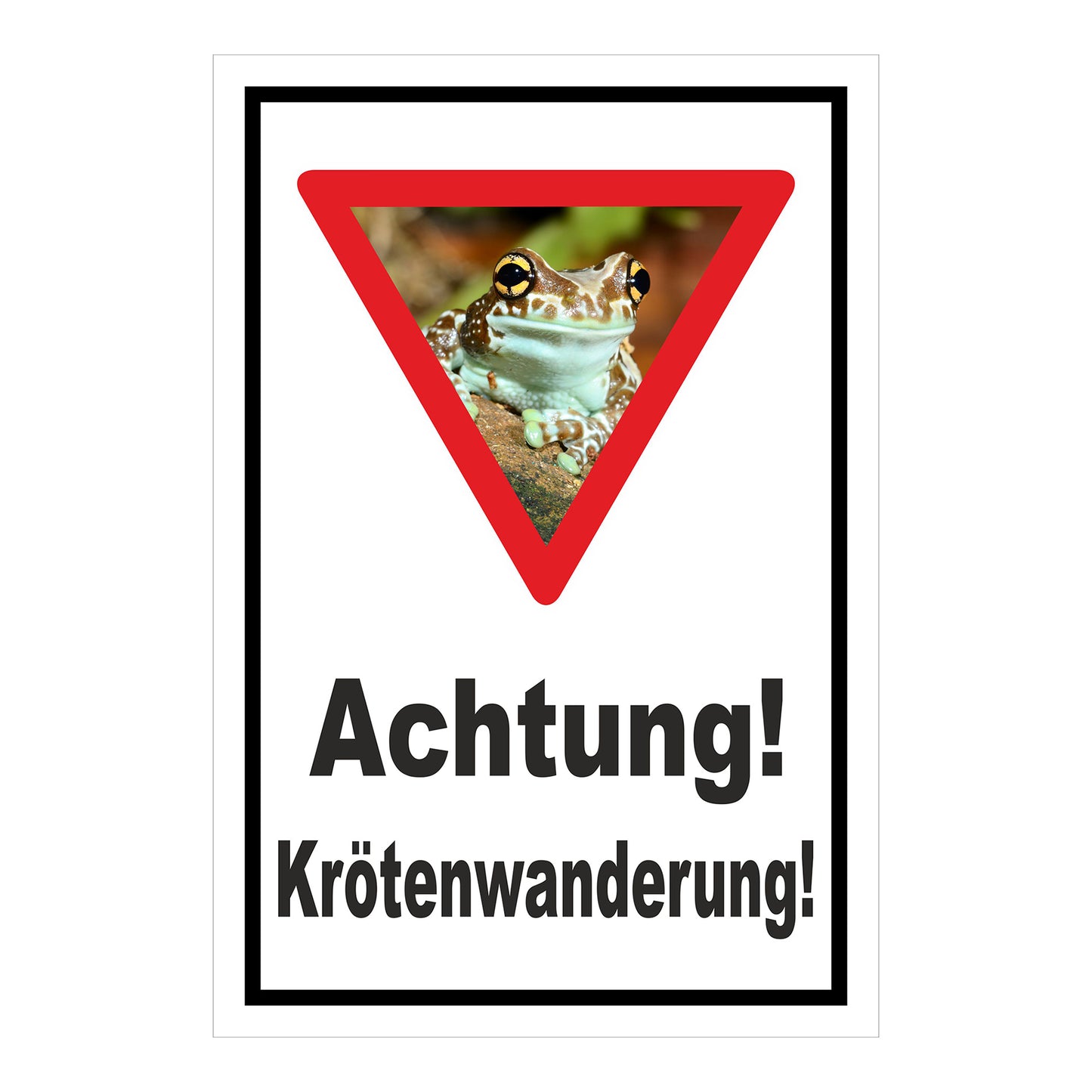 Schild Achtung Krötenwanderung „Achtung! Krötenwanderung!“ weißer Hintergrund schwarzer Rand rotes Dreieck mit Froschbild
