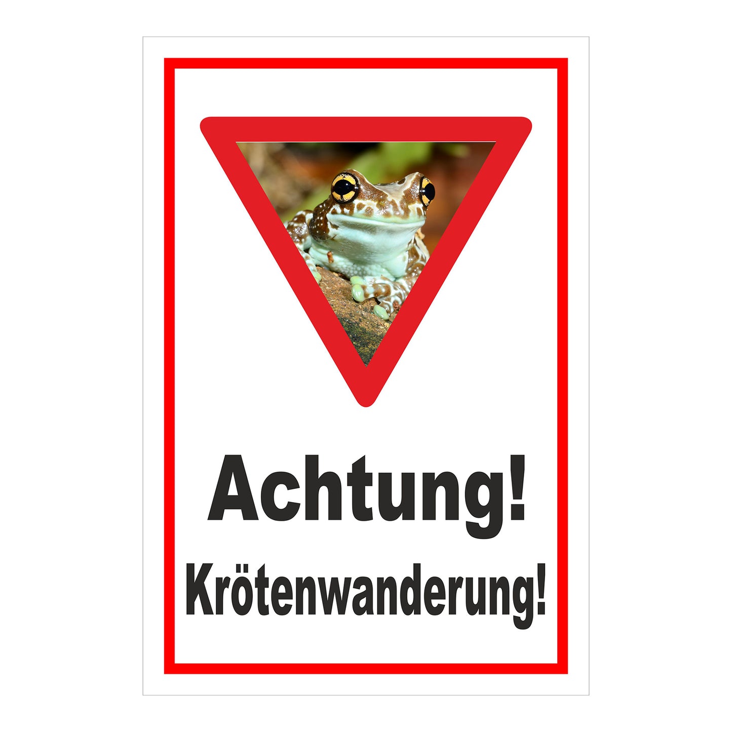 Schild Achtung Krötenwanderung „Achtung! Krötenwanderung!“ weißer Hintergrund roter Rand Warndreieck mit Froschbild