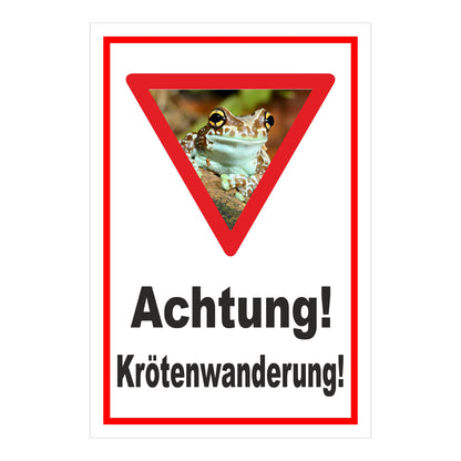 Schild Achtung Krötenwanderung „Achtung! Krötenwanderung!“ weißer Hintergrund roter Rand Warndreieck mit Froschbild