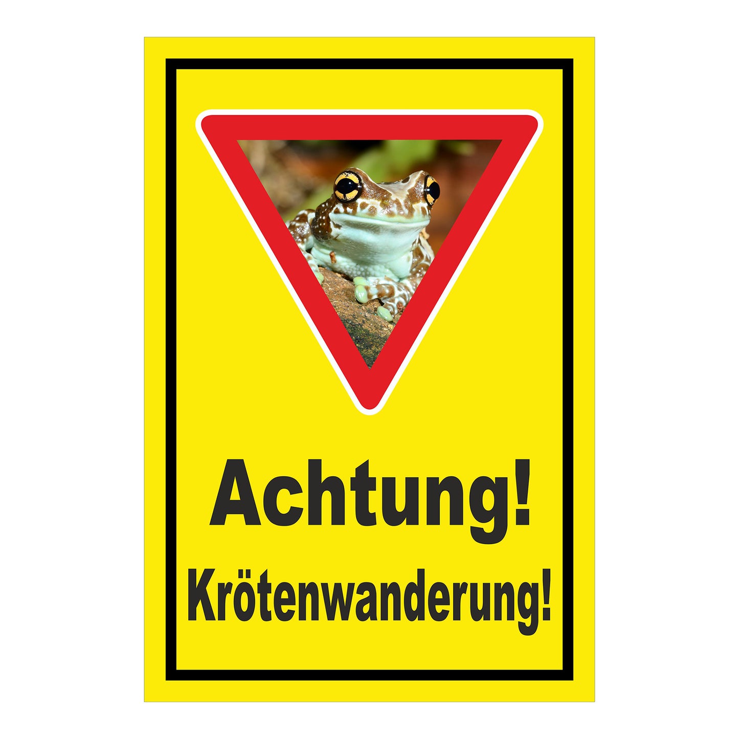 Schild Achtung Krötenwanderung „Achtung! Krötenwanderung!“ gelber Hintergrund schwarzer Rand Warndreieck mit Froschbild