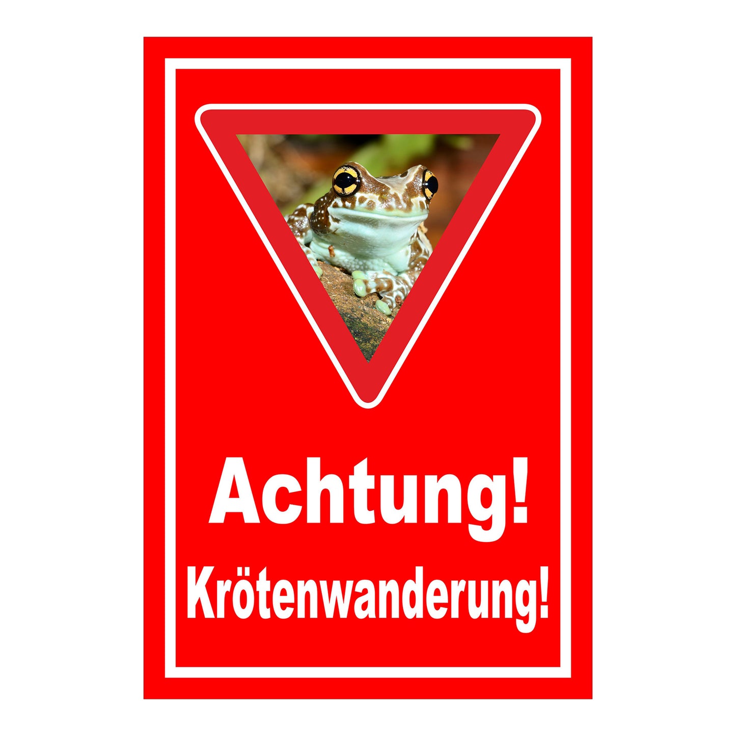 Schild Achtung Krötenwanderung „Achtung! Krötenwanderung!“ roter Hintergrund weißer Text Warndreieck mit Froschbild