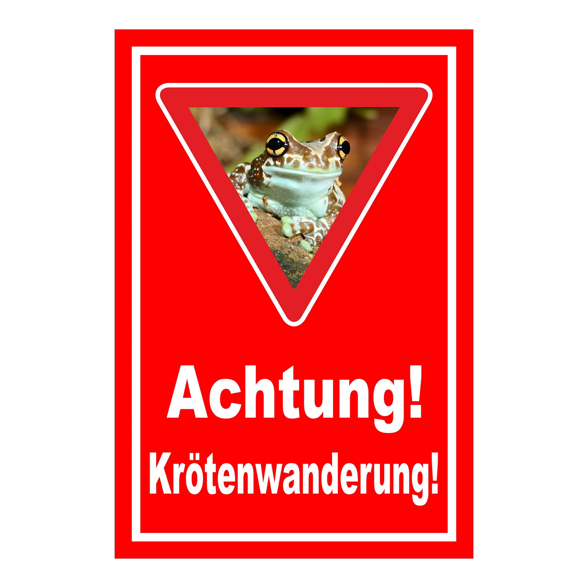 Schild Achtung Krötenwanderung „Achtung! Krötenwanderung!“ roter Hintergrund weißer Text Warndreieck mit Froschbild