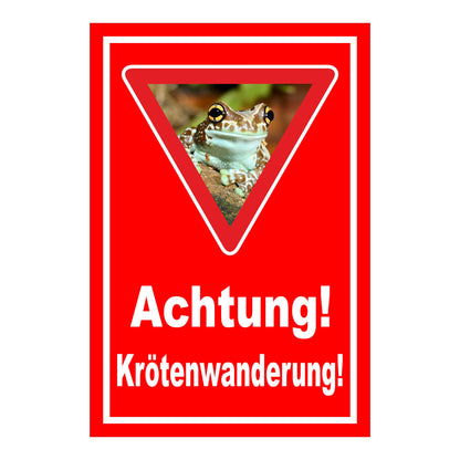 Schild Achtung Krötenwanderung „Achtung! Krötenwanderung!“ roter Hintergrund weißer Text Warndreieck mit Froschbild