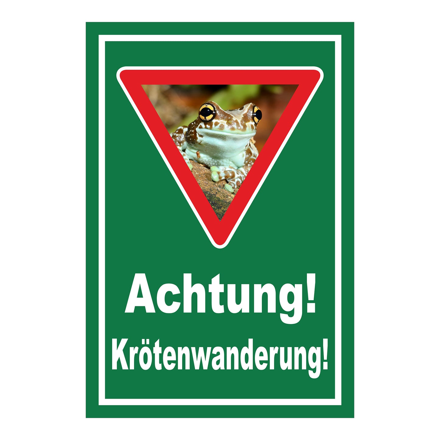 Schild Achtung Krötenwanderung „Achtung! Krötenwanderung!“ grüner Hintergrund weißer Rand Warndreieck mit Froschbild
