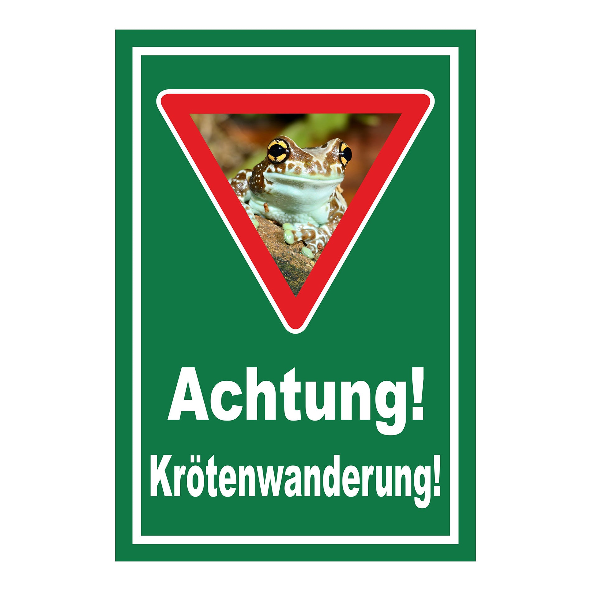 Schild Achtung Krötenwanderung „Achtung! Krötenwanderung!“ grüner Hintergrund weißer Rand Warndreieck mit Froschbild