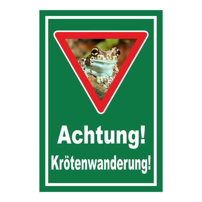 Schild Achtung Krötenwanderung „Achtung! Krötenwanderung!“ grüner Hintergrund weißer Rand Warndreieck mit Froschbild