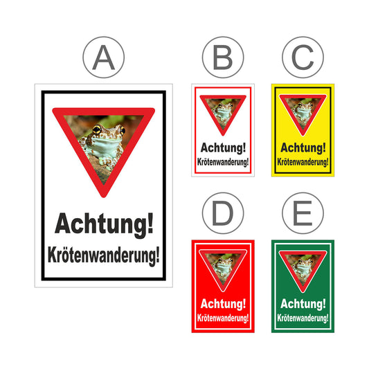 Übersichtsbild Schild Achtung Krötenwanderung „Achtung! Krötenwanderung!“ mit allen verfügbaren Farbvarianten