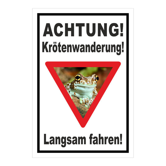 Schild Achtung Krötenwanderung Langsam fahren in Weiß mit schwarzem Rand und rotem Dreieck
