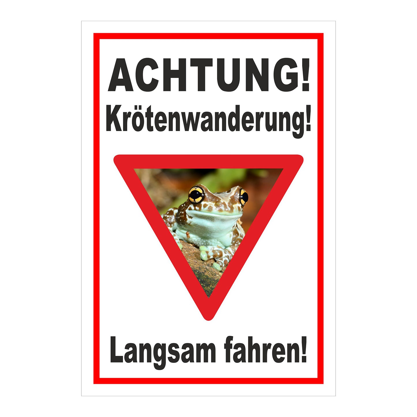 Schild Achtung Krötenwanderung Langsam fahren in Weiß mit rotem Rand und rotem Dreieck