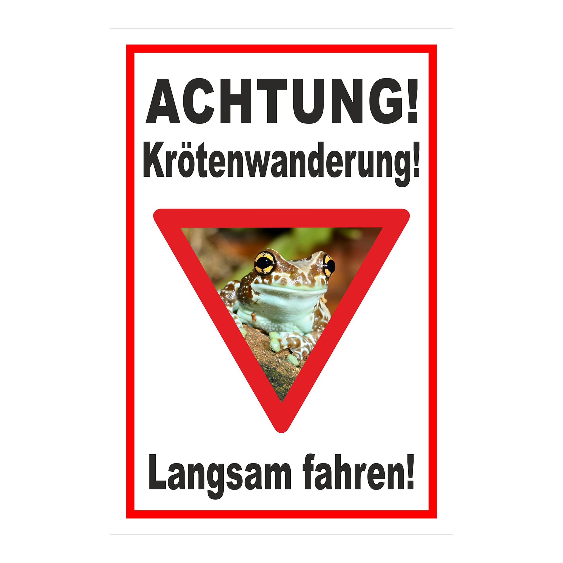 Schild Achtung Krötenwanderung Langsam fahren in Weiß mit rotem Rand und rotem Dreieck
