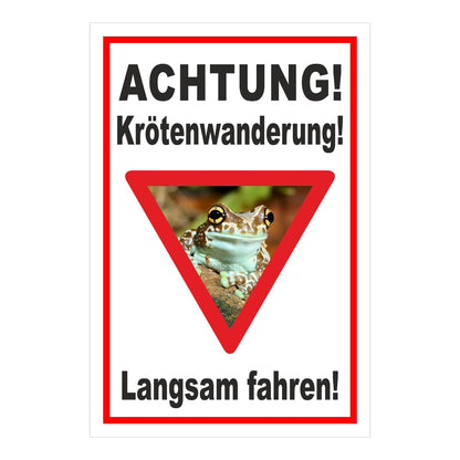 Schild Achtung Krötenwanderung Langsam fahren in Weiß mit rotem Rand und rotem Dreieck