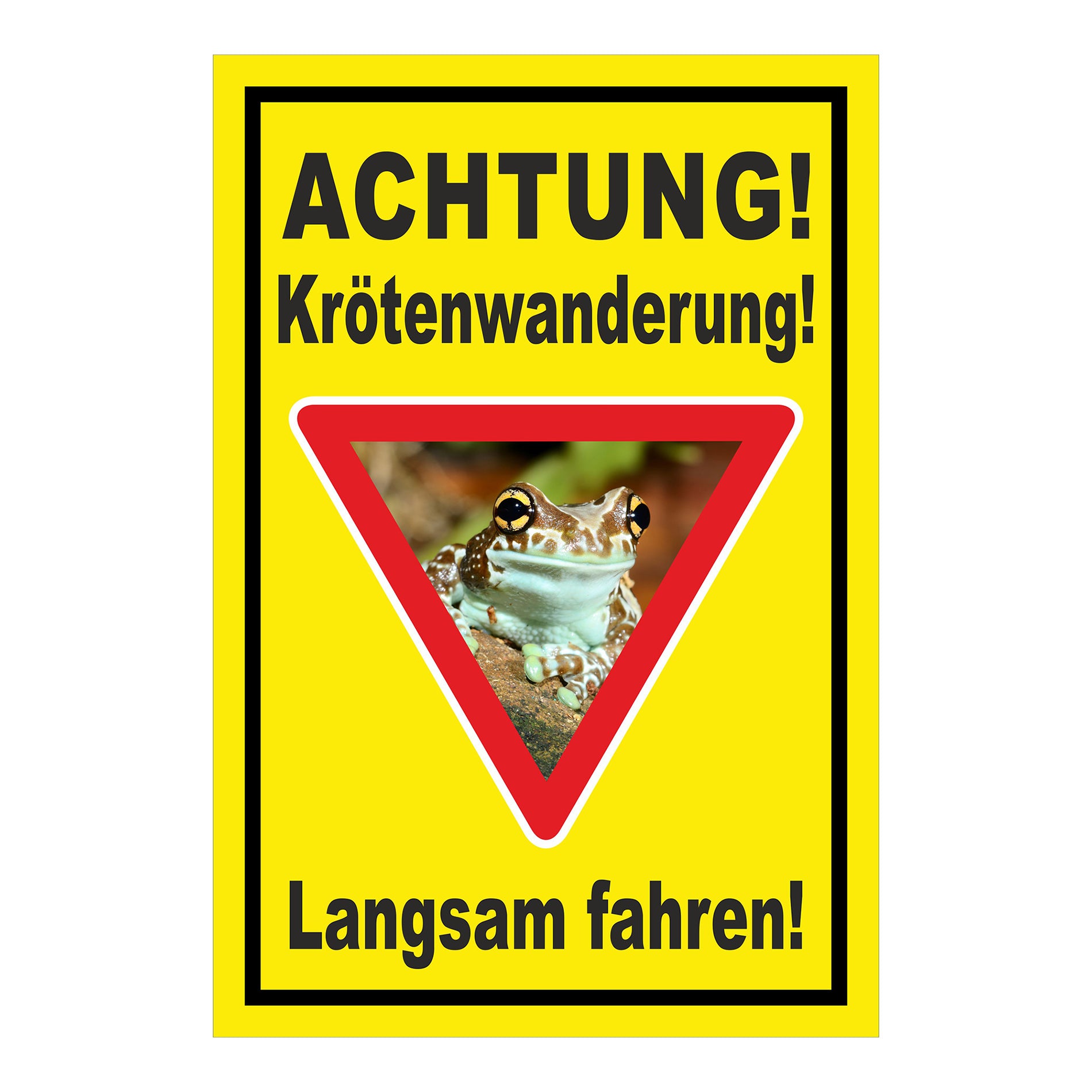 Schild Achtung Krötenwanderung Langsam fahren in Gelb mit schwarzem Rand und rotem Dreieck