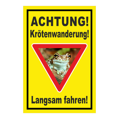 Schild Achtung Krötenwanderung Langsam fahren in Gelb mit schwarzem Rand und rotem Dreieck