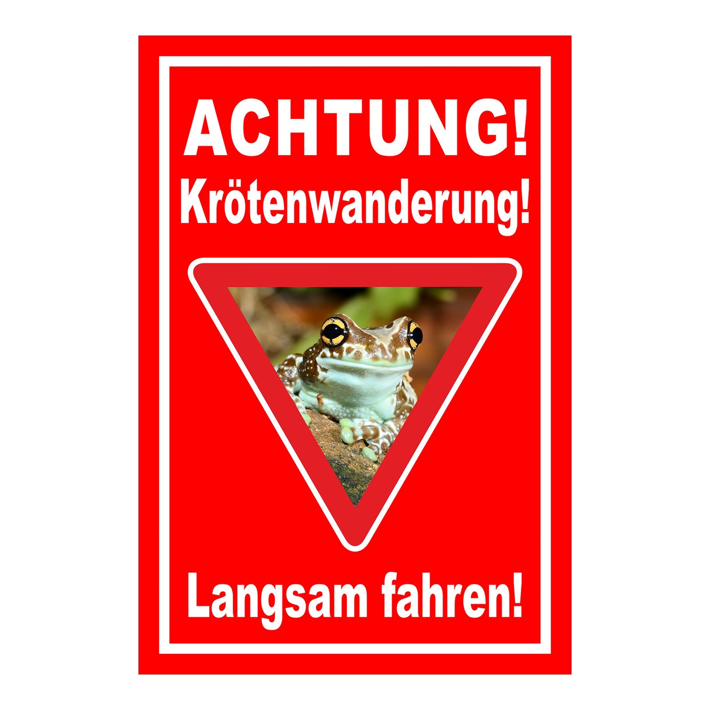 Schild Achtung Krötenwanderung Langsam fahren in Rot mit weißem Rand und rotem Dreieck
