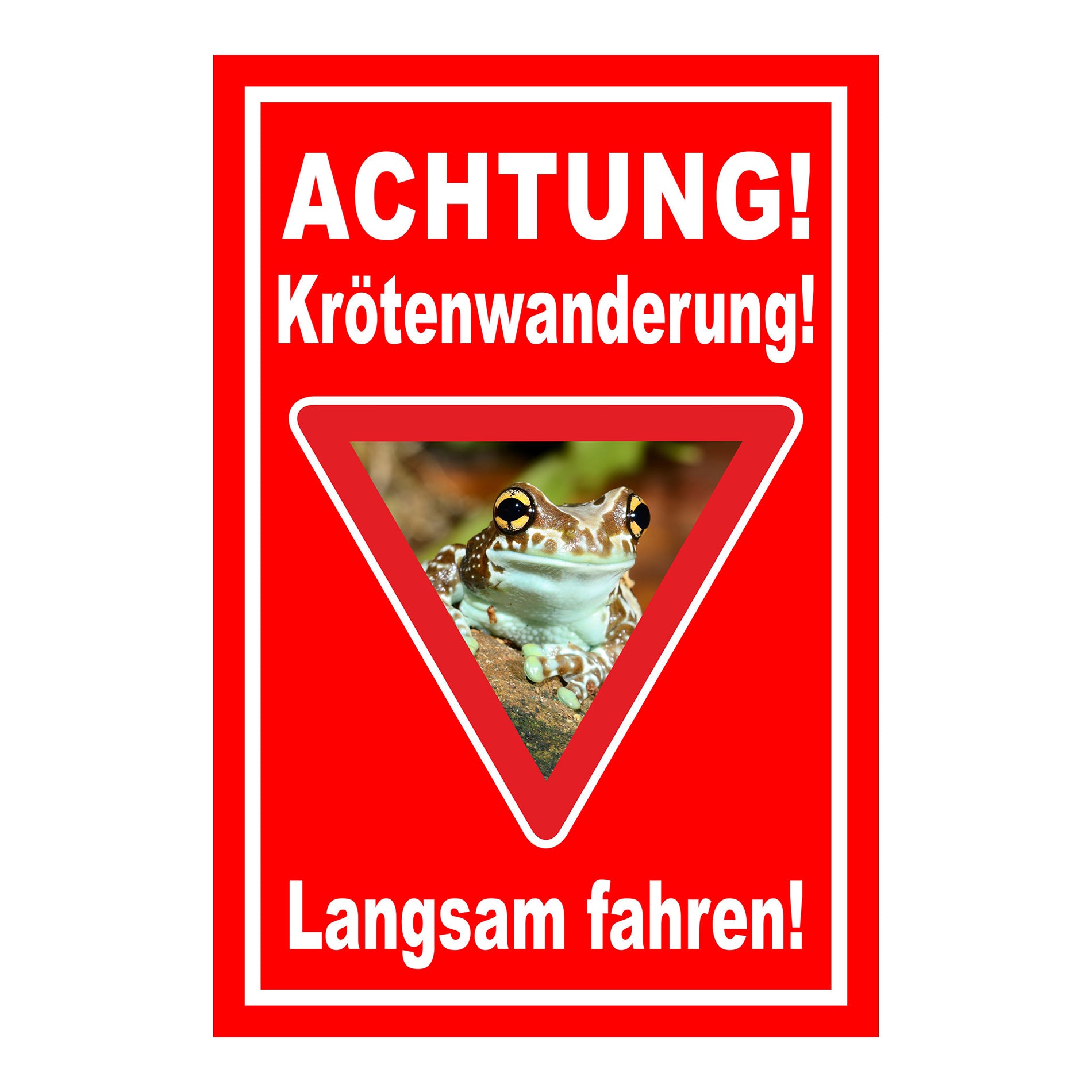 Schild Achtung Krötenwanderung Langsam fahren in Rot mit weißem Rand und rotem Dreieck