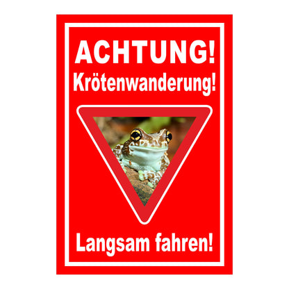 Schild Achtung Krötenwanderung Langsam fahren in Rot mit weißem Rand und rotem Dreieck