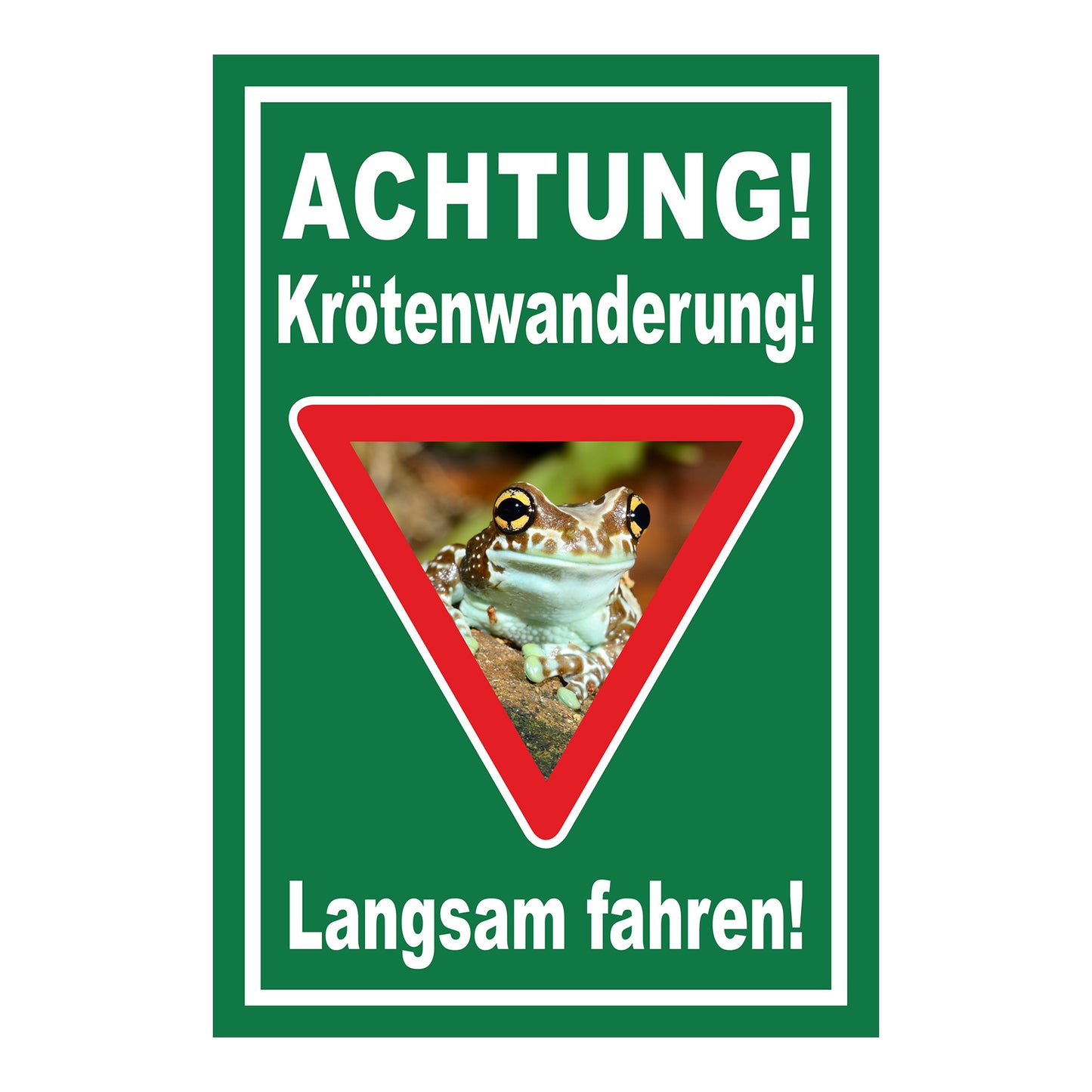Schild Achtung Krötenwanderung Langsam fahren in Grün mit weißem Rand und rotem Dreieck