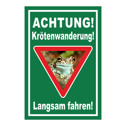 Schild Achtung Krötenwanderung Langsam fahren in Grün mit weißem Rand und rotem Dreieck