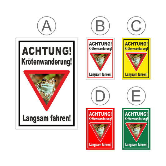 Übersichtsbild Schild Achtung Krötenwanderung Langsam fahren mit allen verfügbaren Farbvarianten